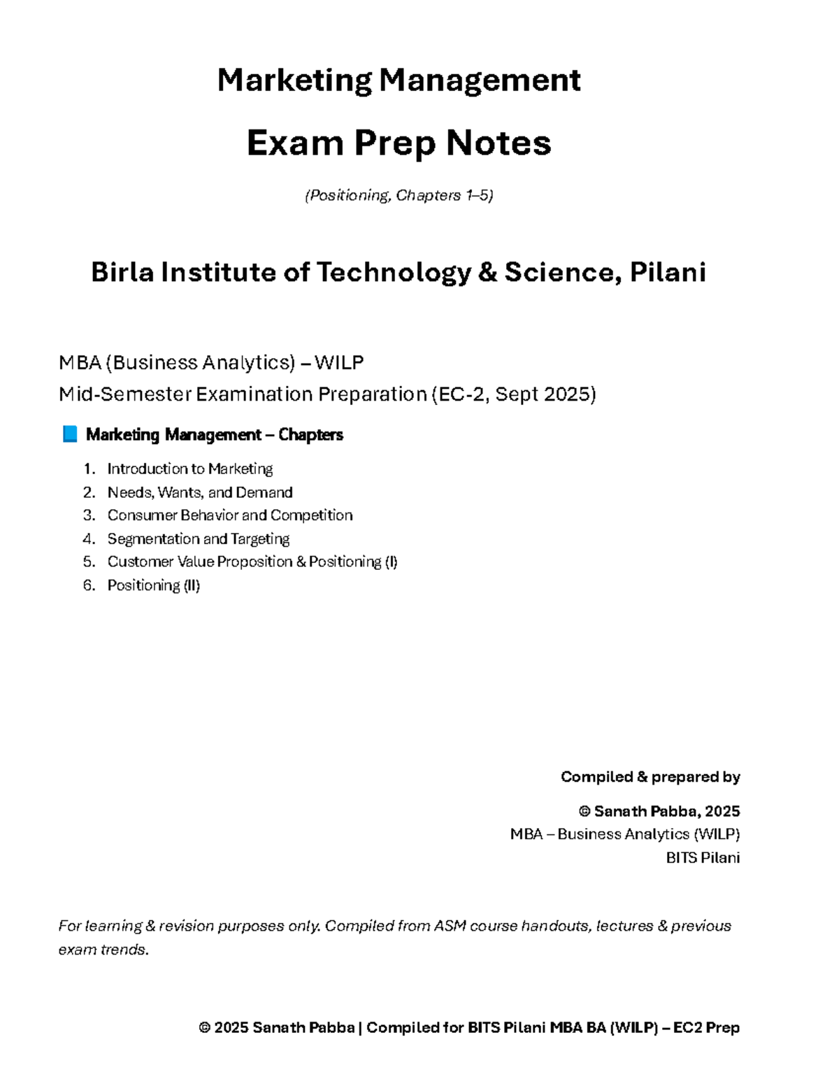 Marketing Management Exam Prep Notes (MBA BA WILP EC2) - BITS Pilani ...