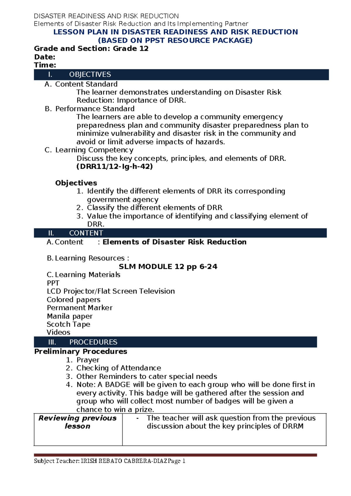 DRRR CO Q4 - Lesson Plan: Elements of Disaster Risk Reduction - Studocu