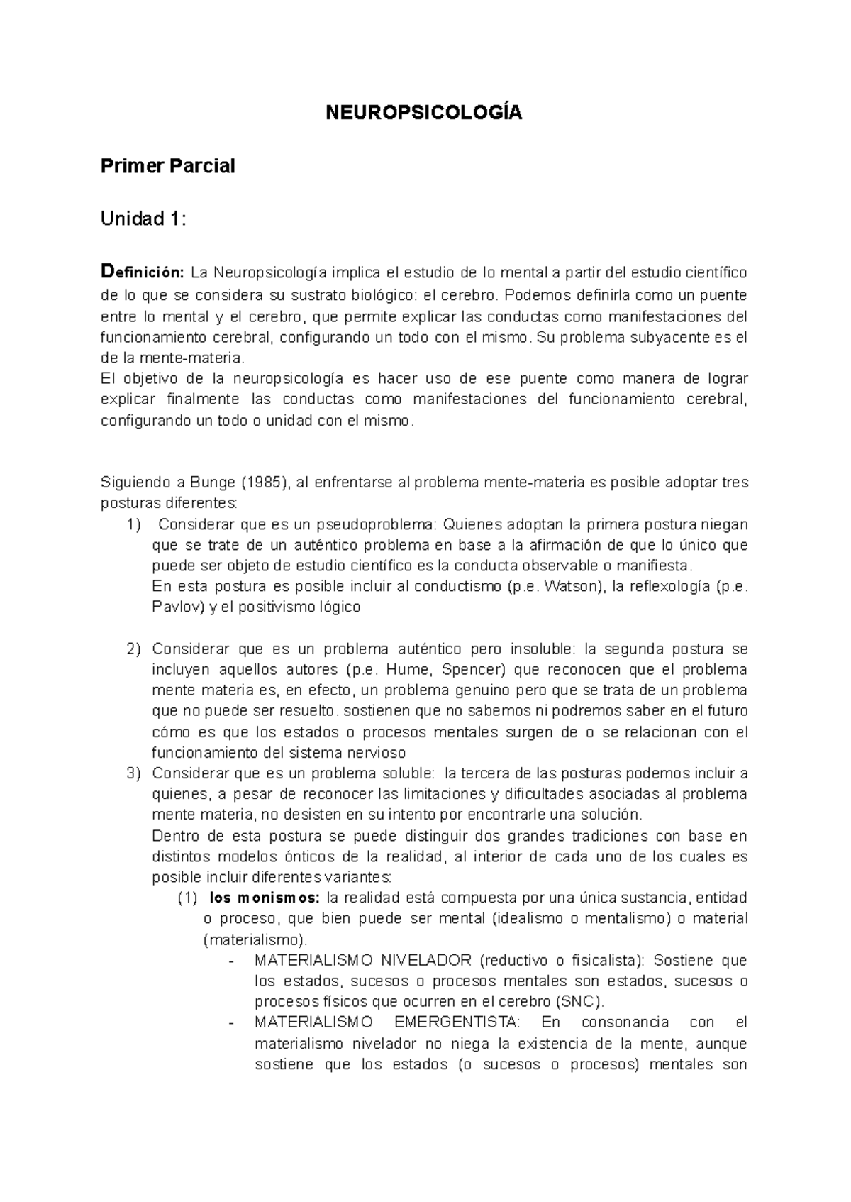 Neuropsicología - resumen neuro - NEUROPSICOLOGÍA Primer Parcial Unidad ...