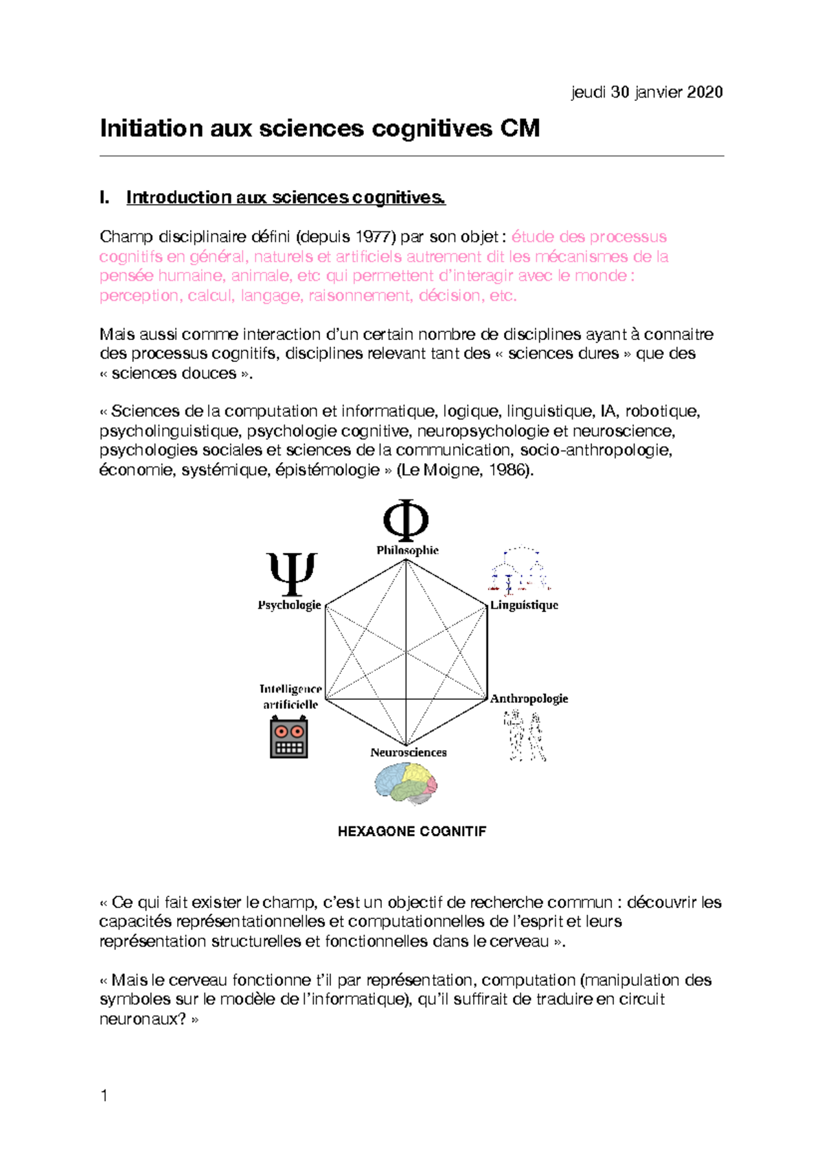Initiation aux sciences cognitives CM - Introduction aux sciences ...
