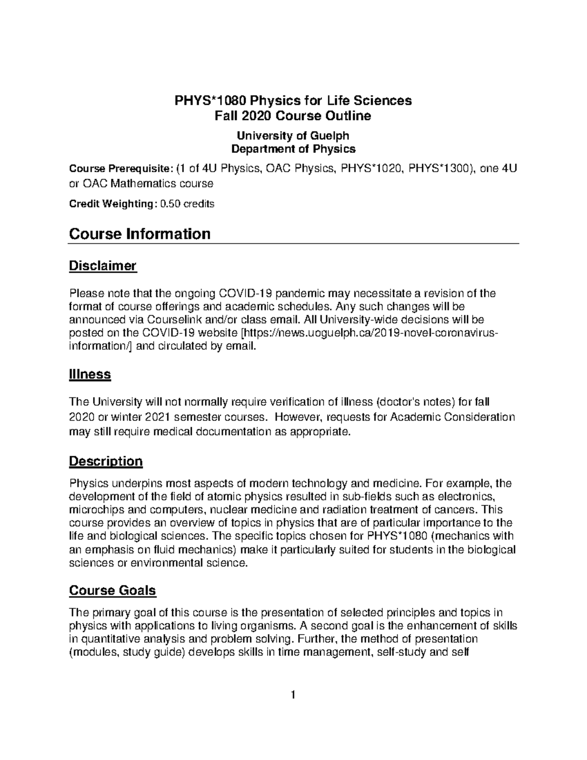 PHYS1080 F20 Course Outline for Physics in Life Sciences - Studocu