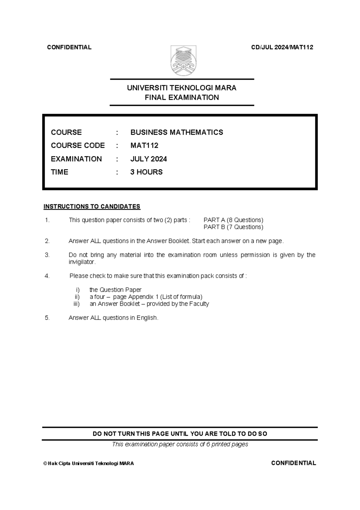 MAT112 Final Exam Paper - Business Mathematics July 2024 - Studocu