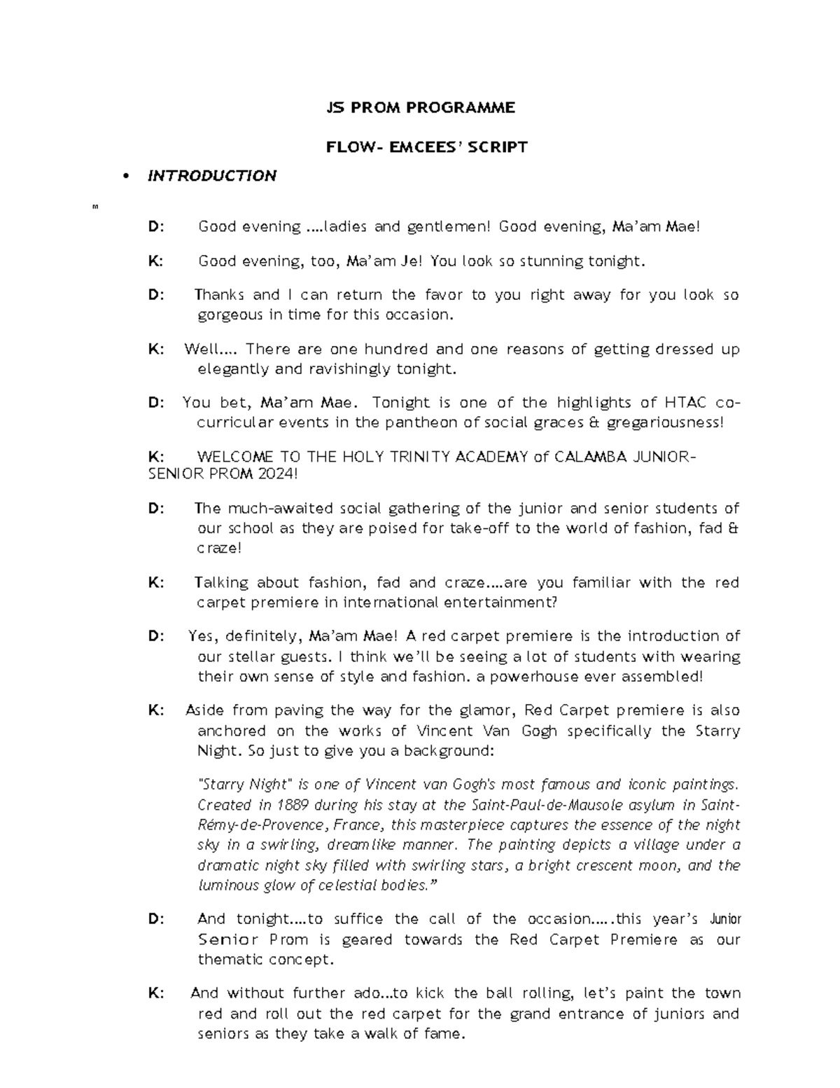 JS Prom 2024 Emcee Script - Holy Trinity Academy Event - Studocu
