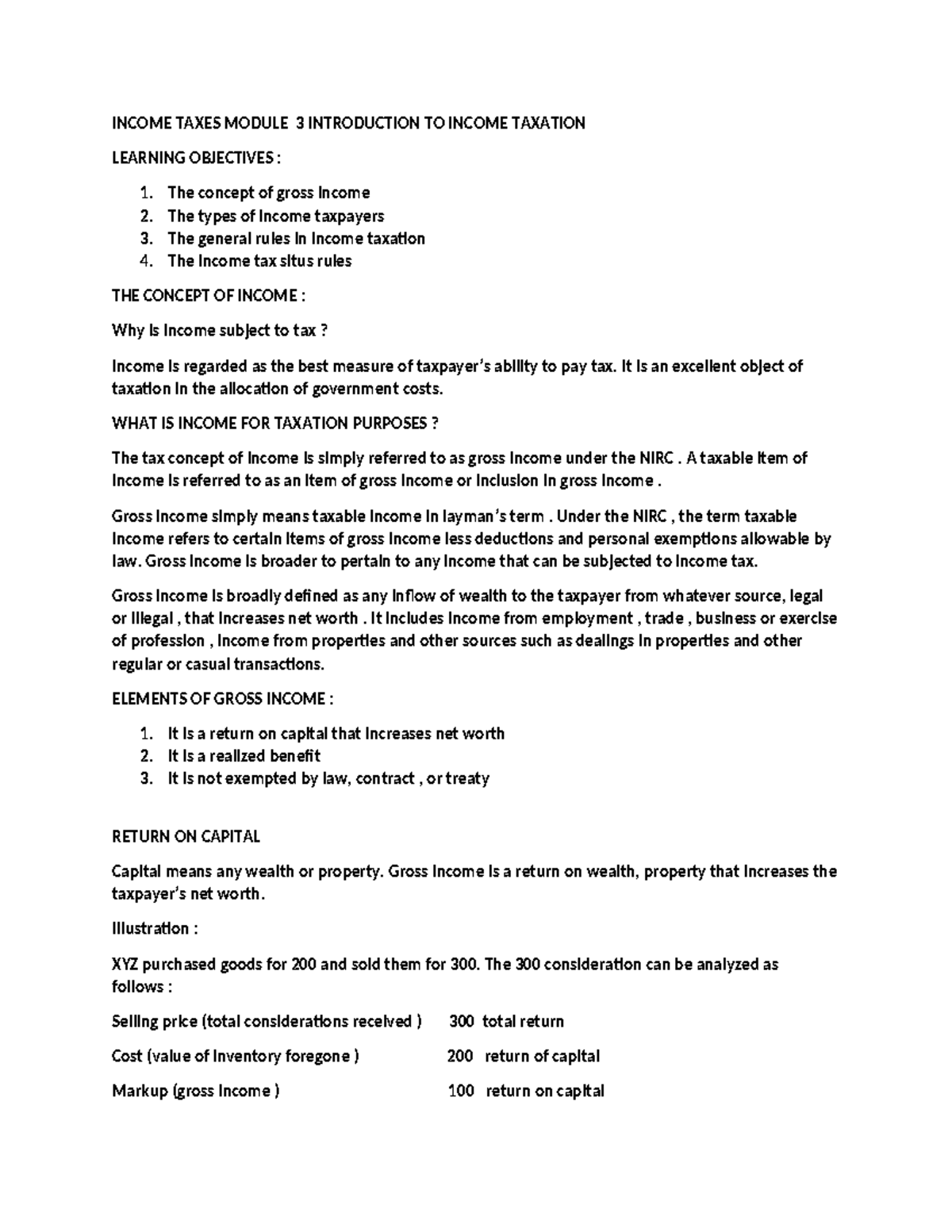 INCOME TAXATION MODULE 3: GROSS INCOME AND TAXPAYERS OVERVIEW - Studocu