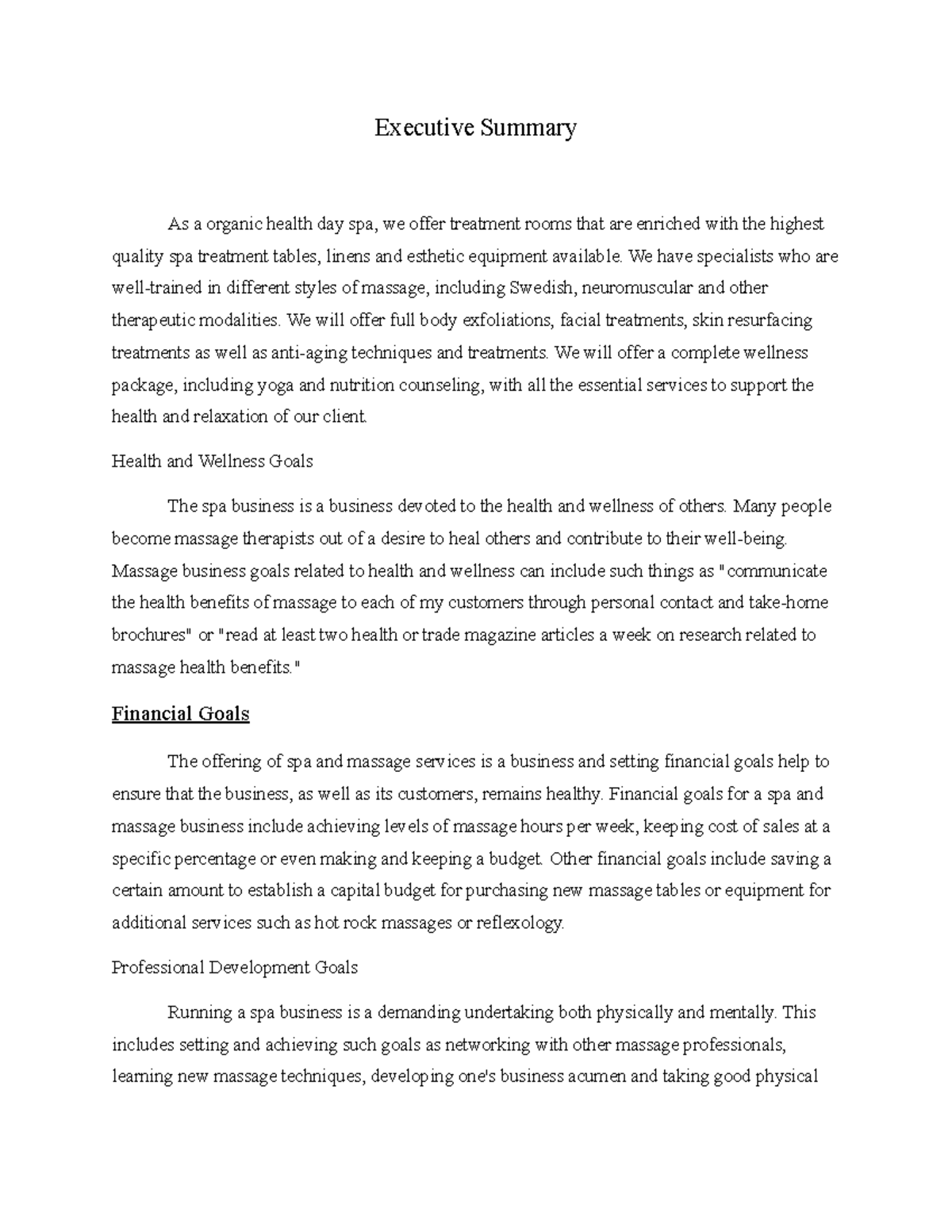 Executive Summary: Health Spa Business Goals & Strategies - Studocu