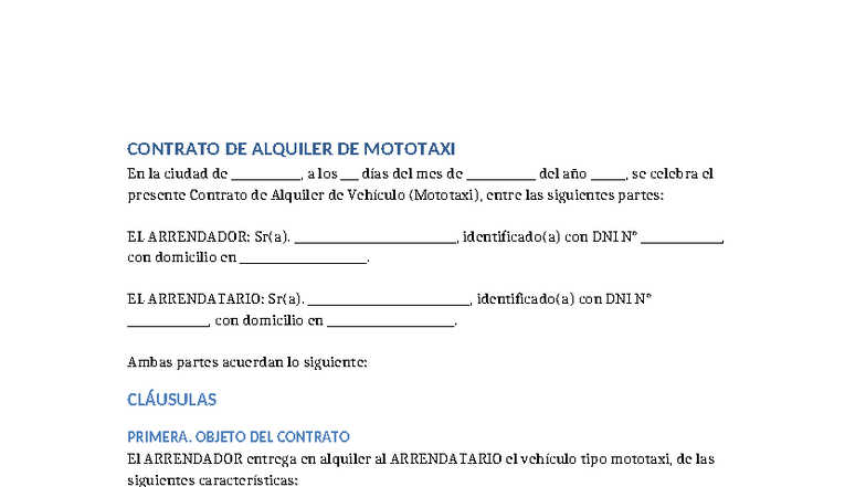 Contrato de Alquiler de Mototaxi - Cláusulas y Condiciones - Studocu