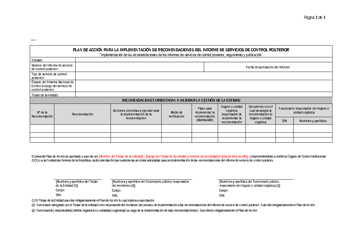 Plan de Acción para Implementar Recs. Informe de Control Posterior ...