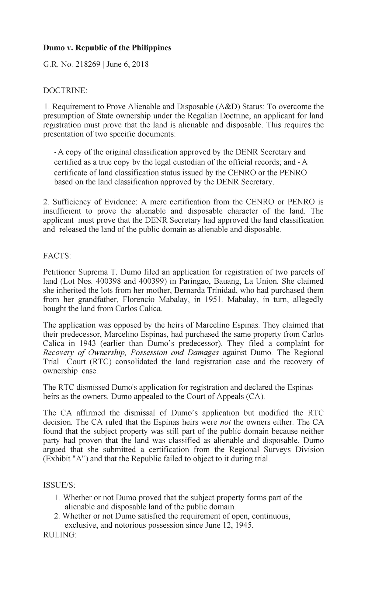 Dumo v. Republic of the Philippines G.R. No. 218269 Case Digest ...