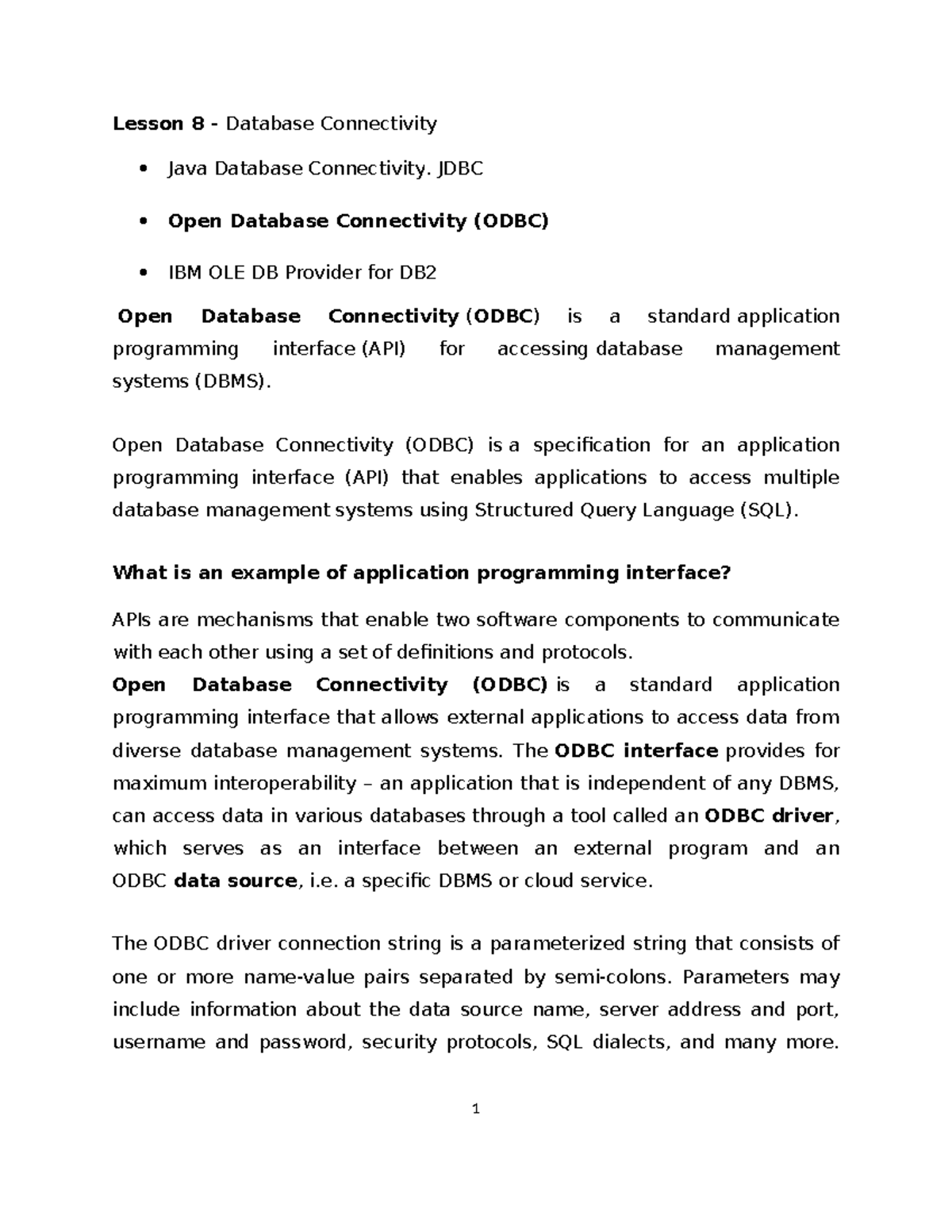 Lesson 8: Database Connectivity - JDBC & ODBC Overview - Studocu