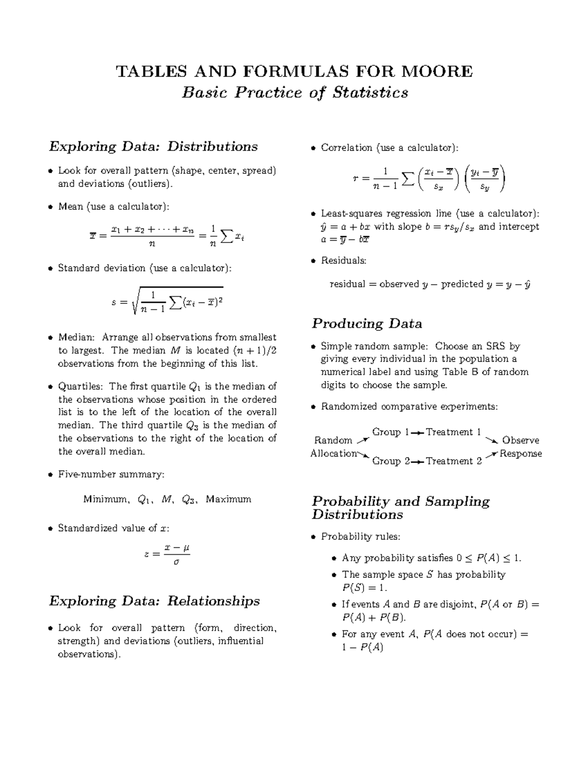 Statistics 101: Key Tables & Formulas for Data Exploration - Studeersnel