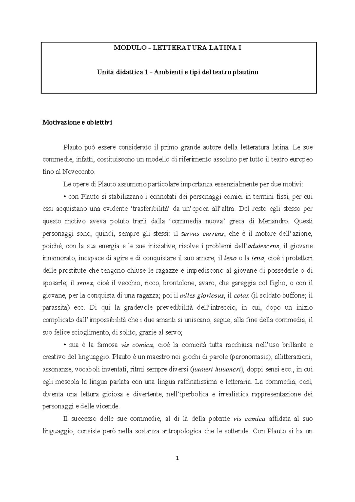 Letteratura latina 1 - appunti - MODULO - LETTERATURA LATINA I Unità ...