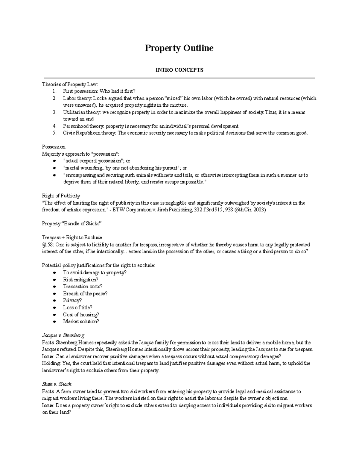 Property Law Theories and Concepts: An Outline for Course LAW 101 - Studocu