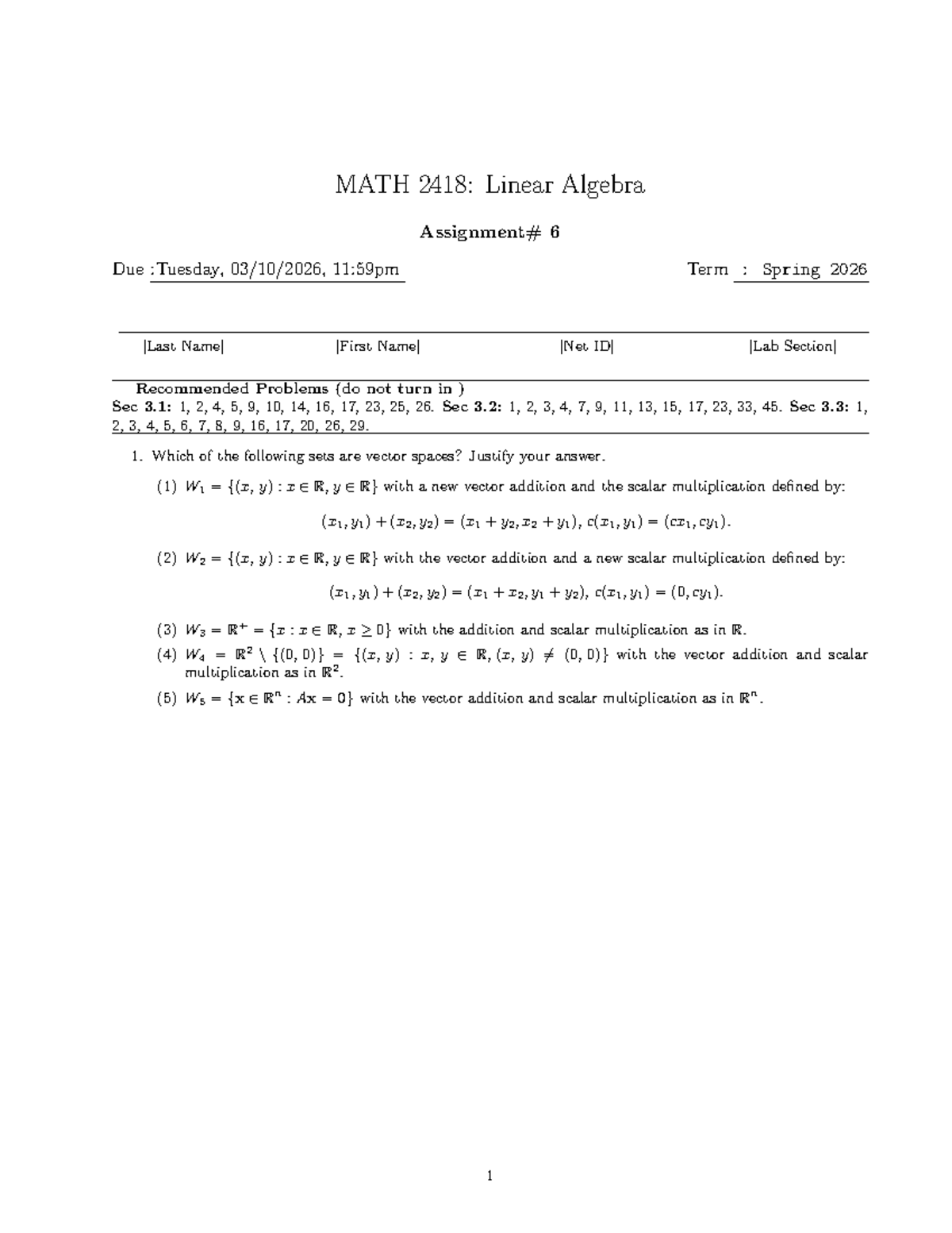 MATH 2418: Linear Algebra Assignment #6 - Studocu
