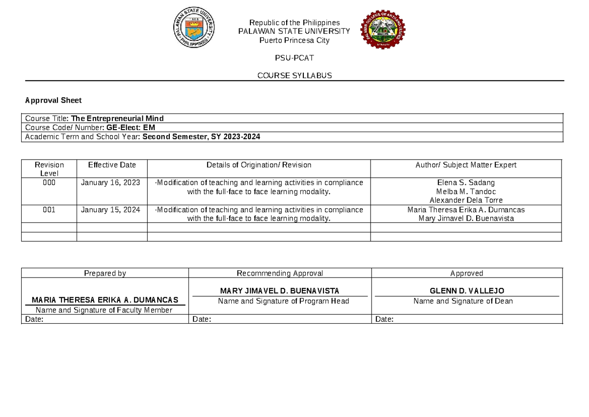 PSU EM Course Syllabus: The Entrepreneurial Mind (Second Sem, SY 2023 ...