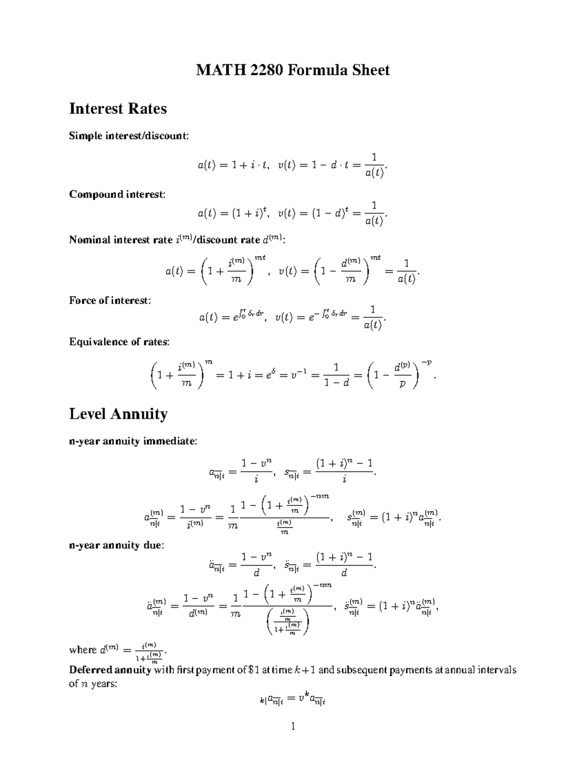 MATH 2280 Test 2 Formula Sheet - MATH 2280 Formula Sheet Interest Rates ...