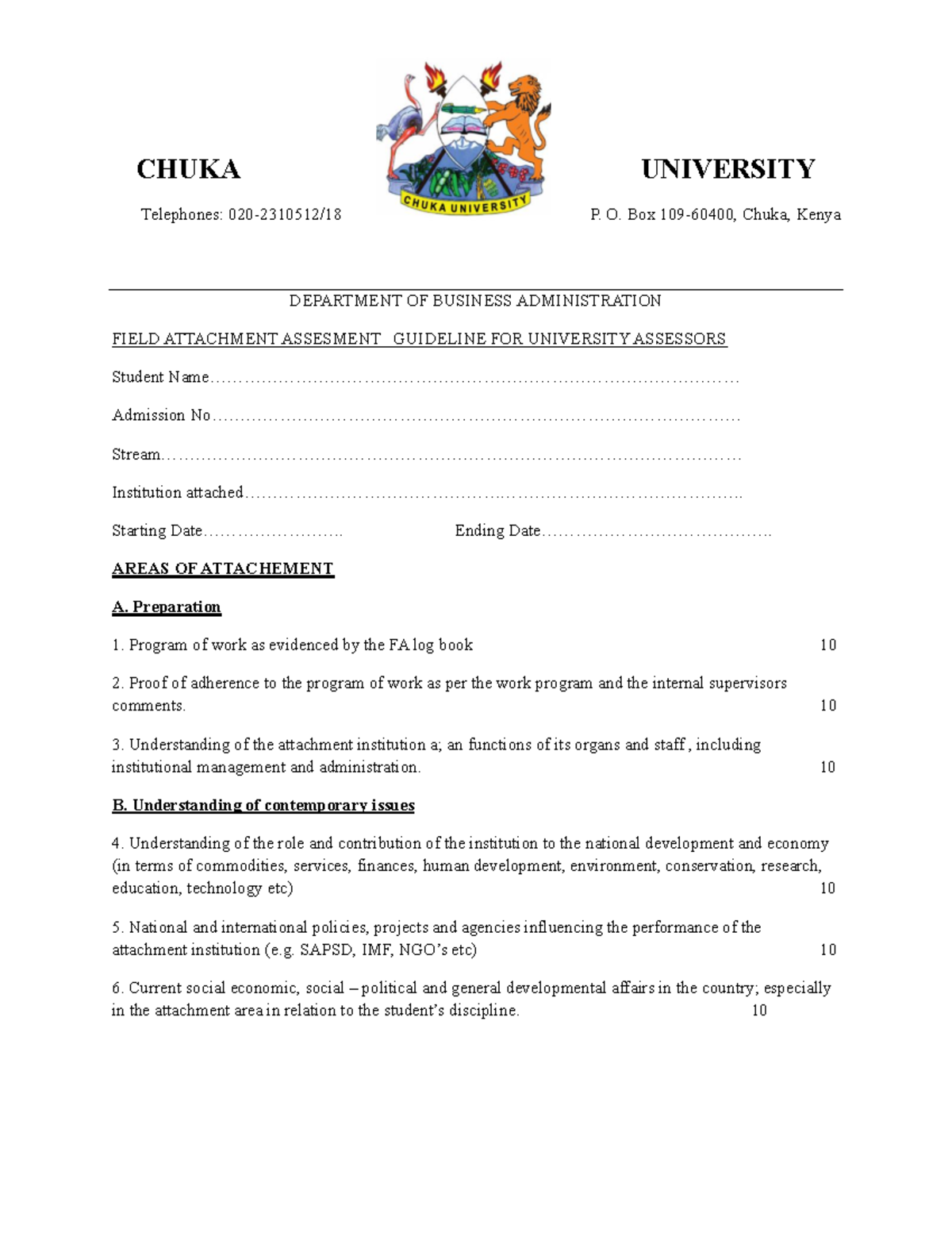 Field Attachment Internal Assessors Form - Chuka Uni. Guidelines - Studocu