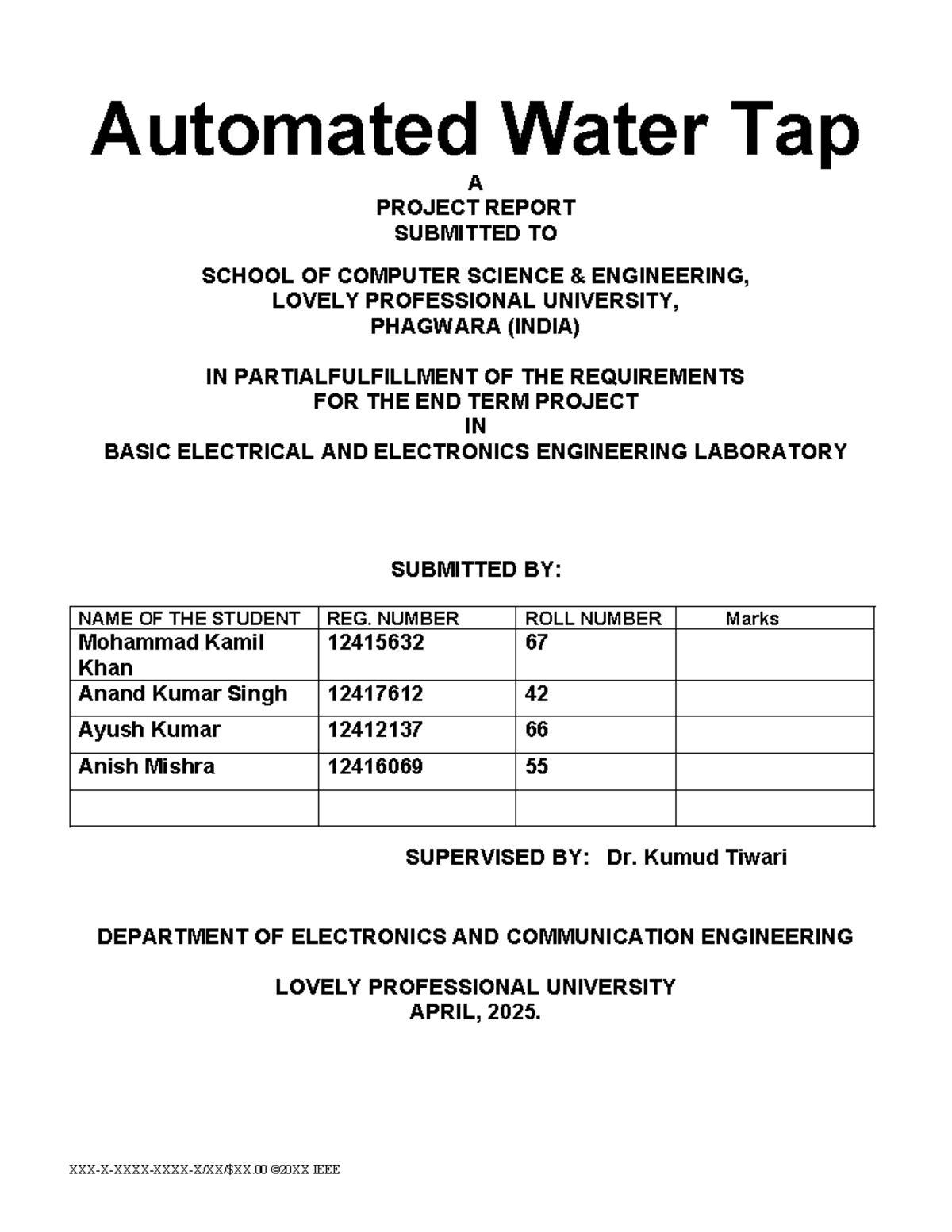 Automated Water Tap System: Project Report for BE in ECE (2025) - Studocu