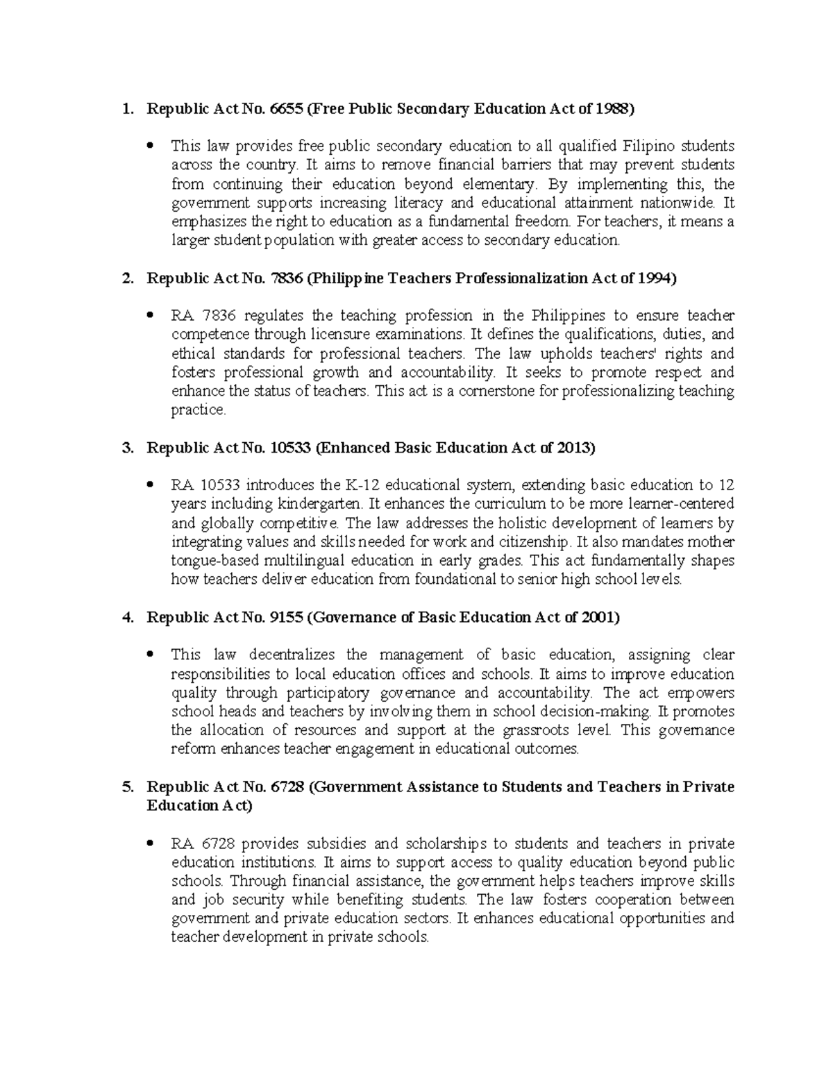Republic Act Summaries: Education Laws in the Philippines - Studocu