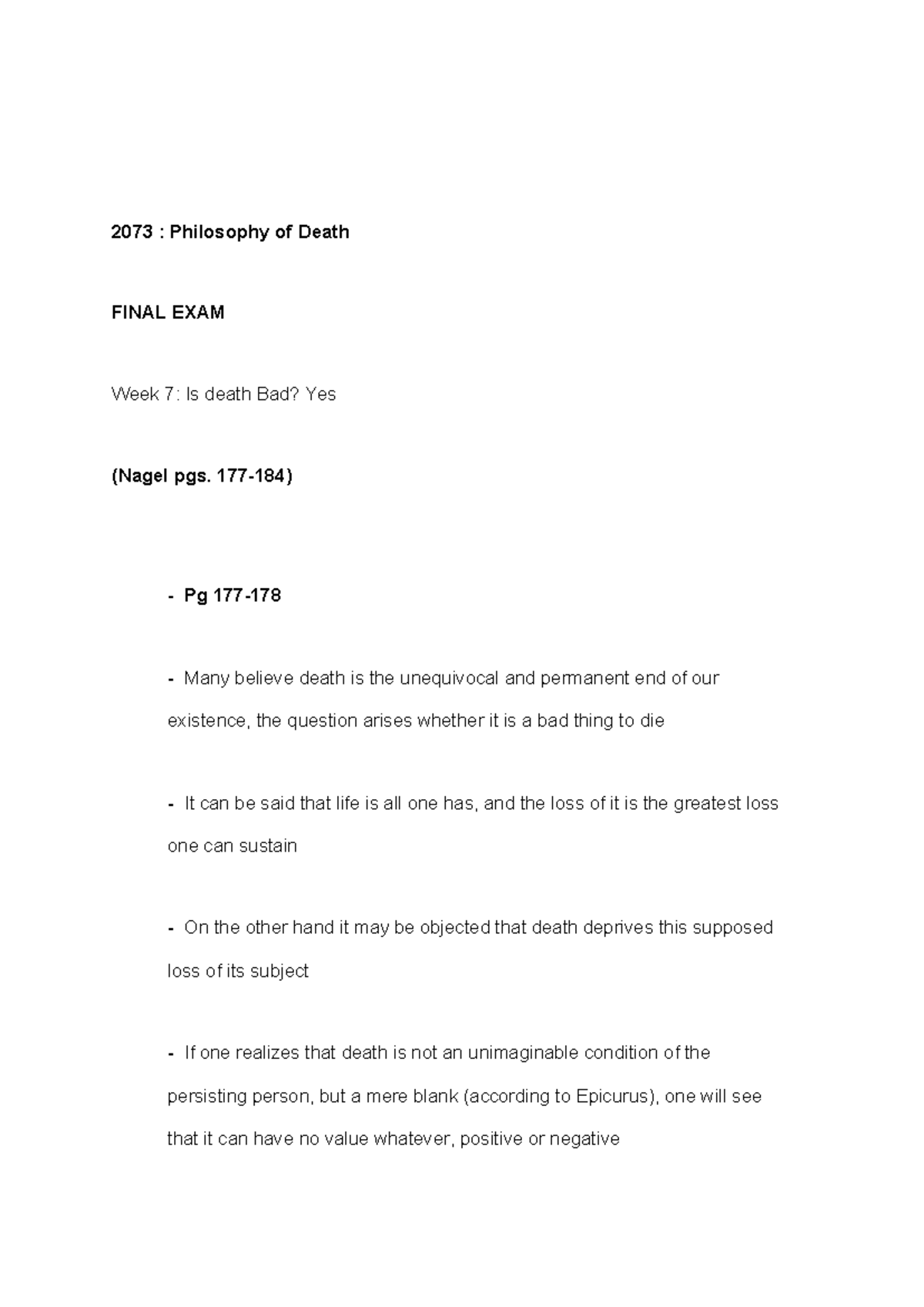 2073: Philosophy of Death FINAL EXAM - Is Death Bad? Insights from ...
