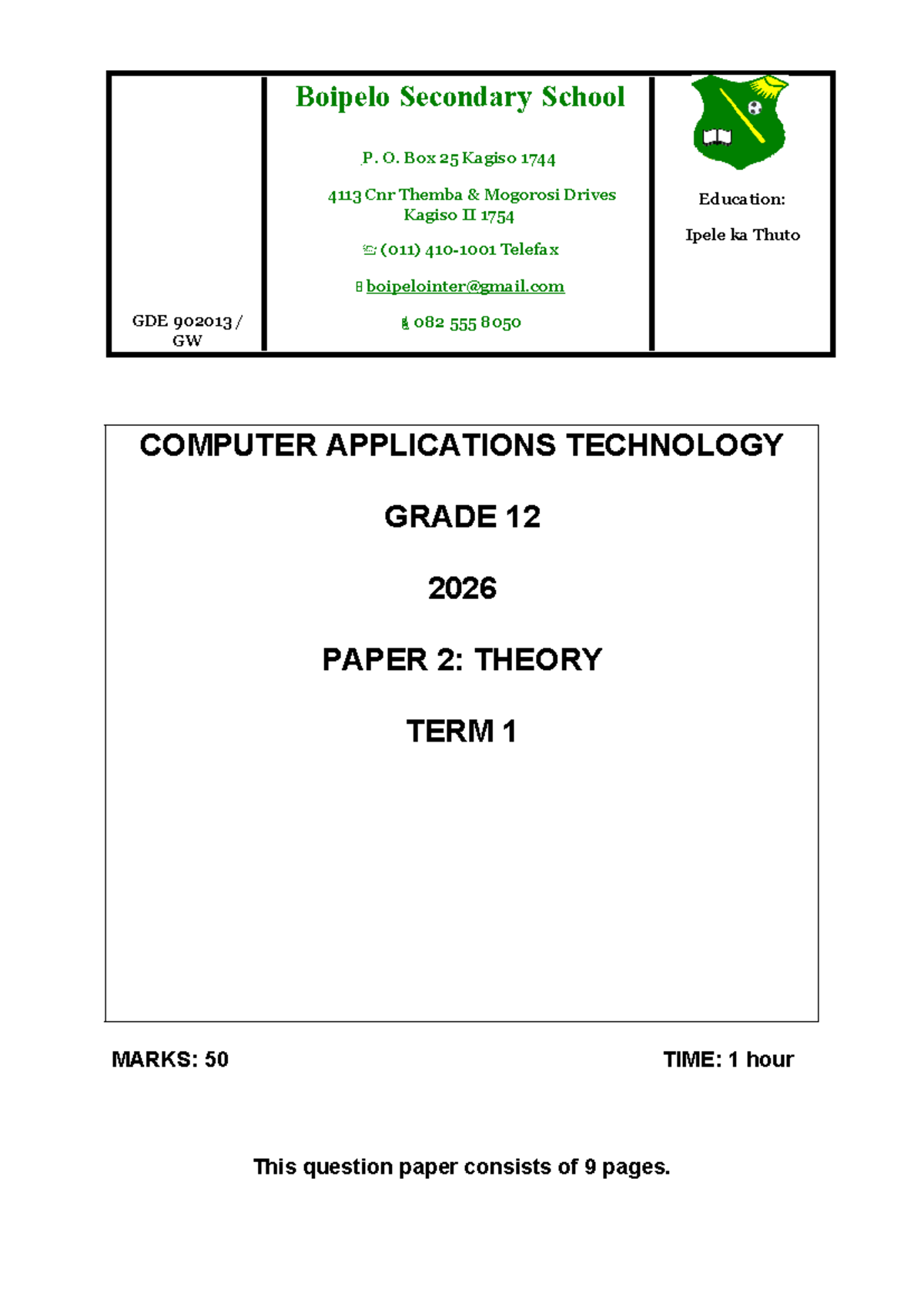 Computer Applications Technology Grade 12 Exam 2026: Paper 2 Theory ...
