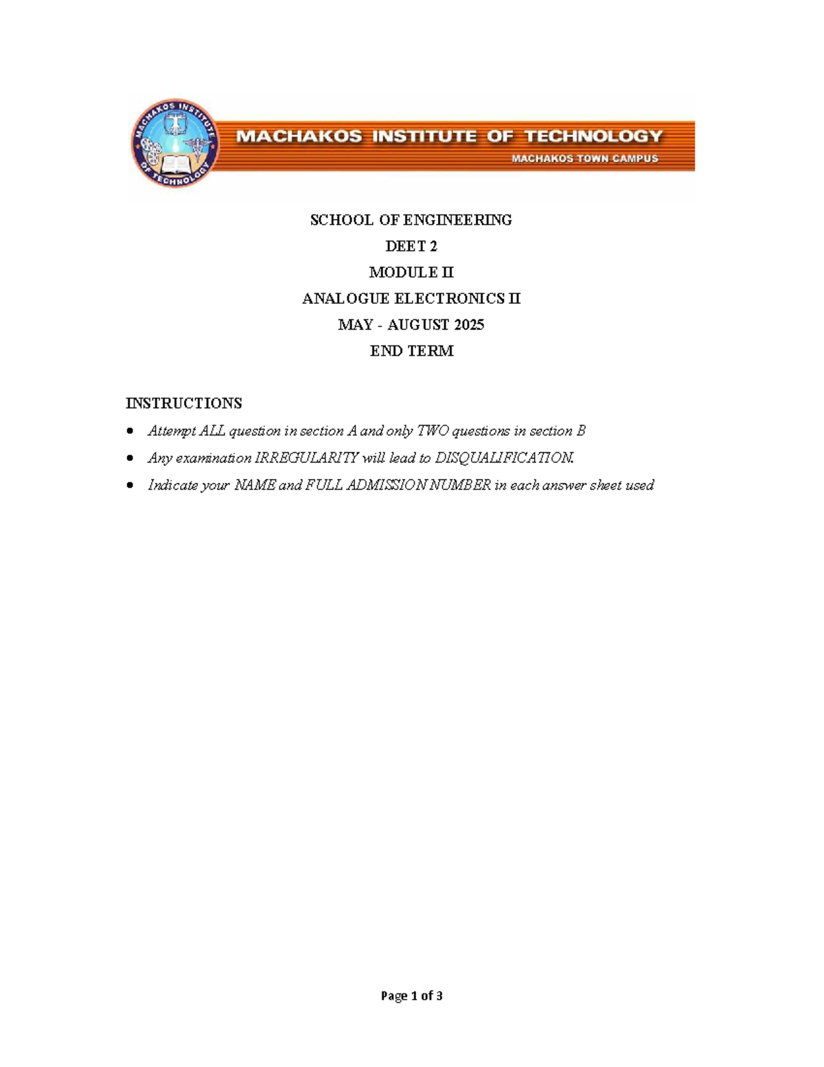 DEET 2 MODULE II ANALOGUE ELECTRONICS II MAY-AUG 2025 EXAM GUIDE - Studocu