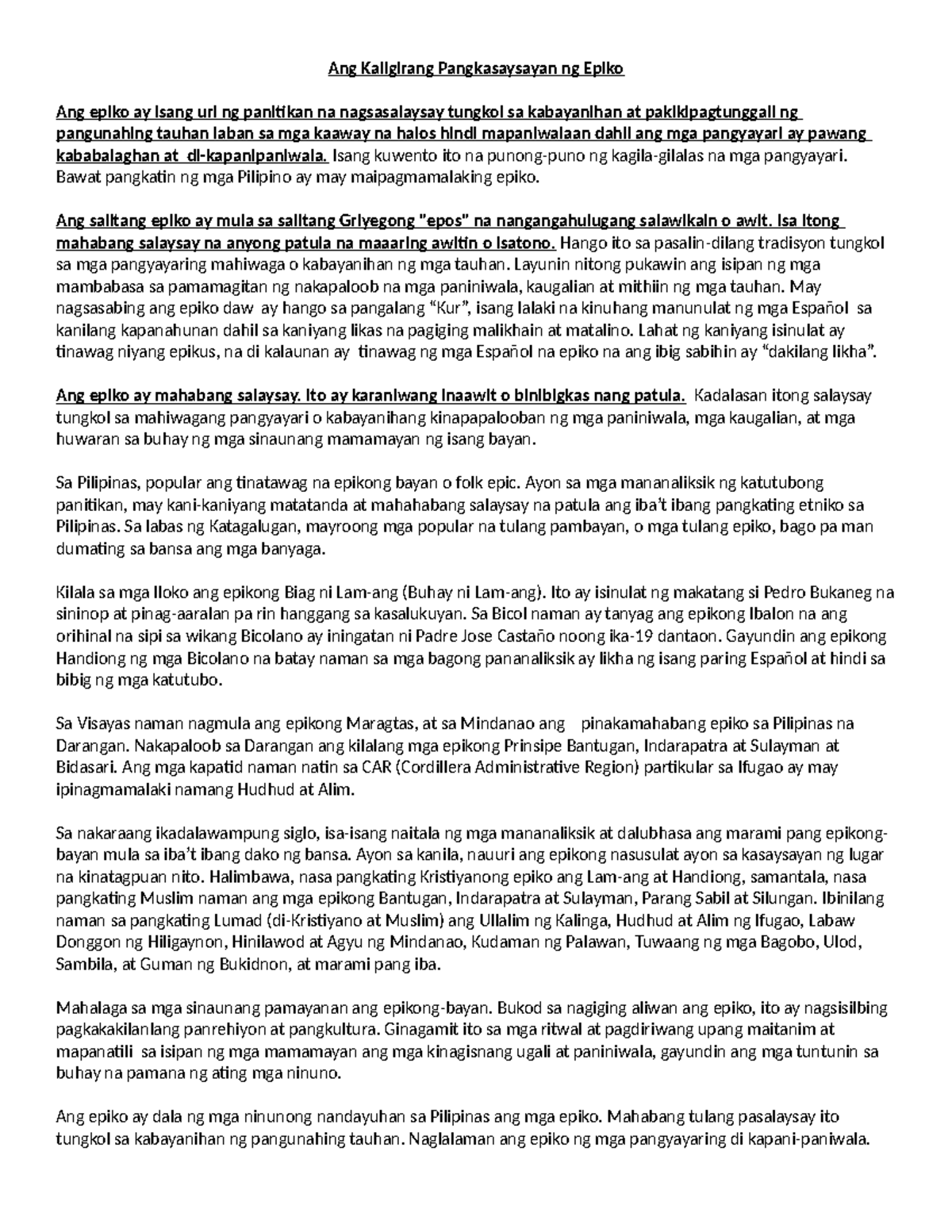 Pagsusuri sa Kaligirang Pangkasaysayan ng Epiko sa Pilipinas - Studocu