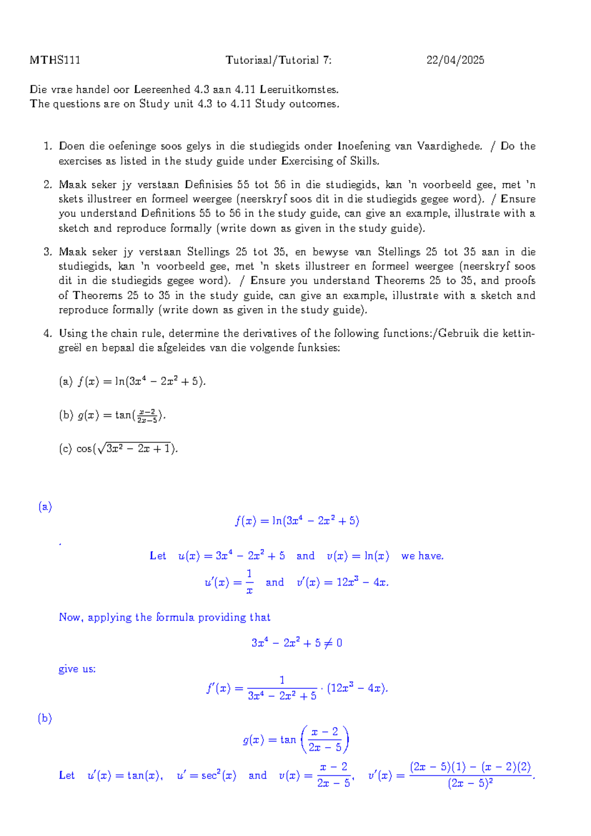 MTHS111 Tutorial 7 Memo 1 - MTHS111 Tutoriaal/Tutorial 7: 22/04/ Die ...
