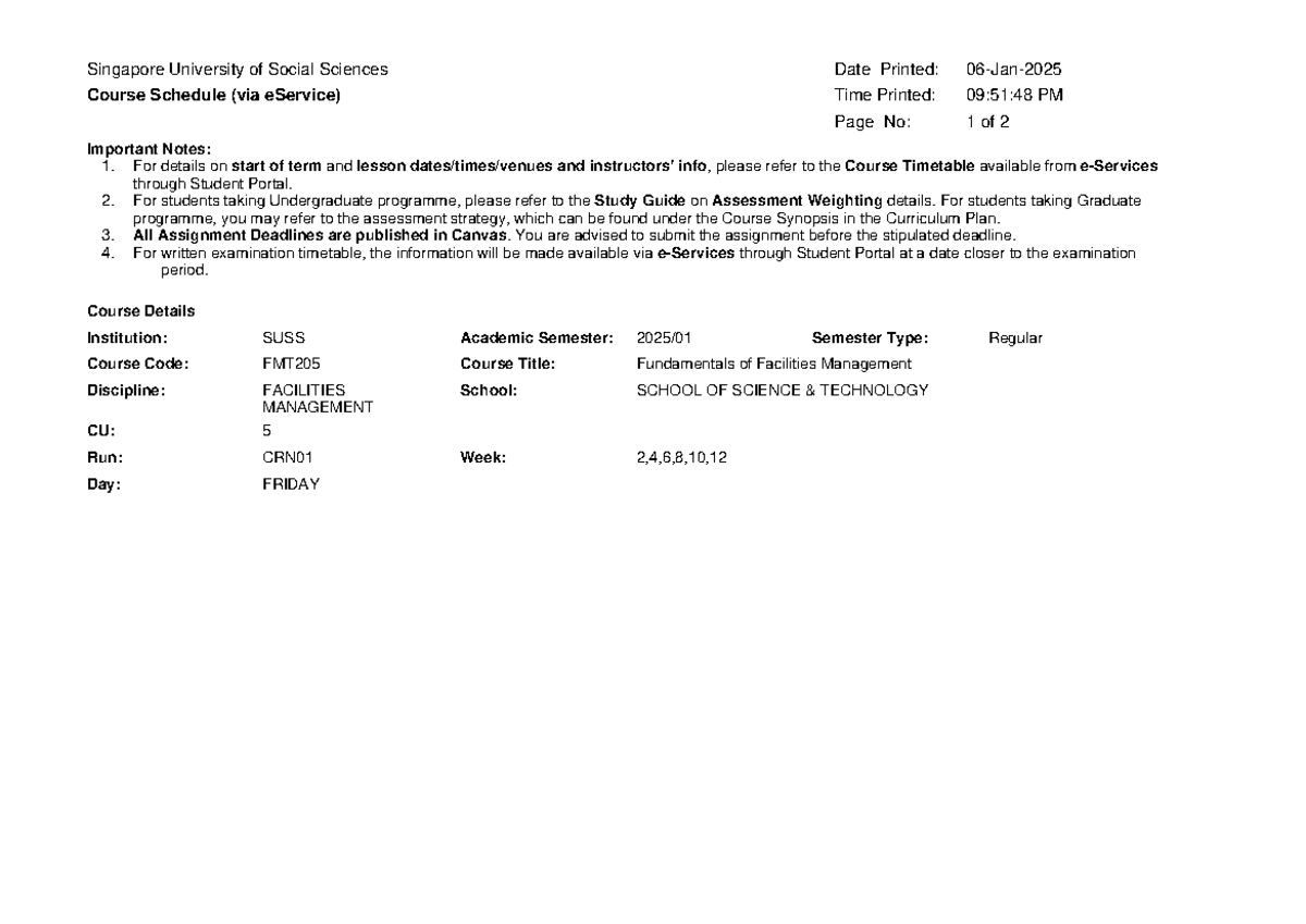 Fmt205 course timetable for semester details and important notes - Studocu