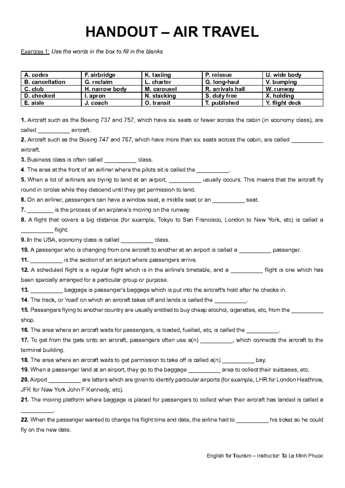 Handout: AIR Travel Vocabulary for English for Tourism Course - Studocu