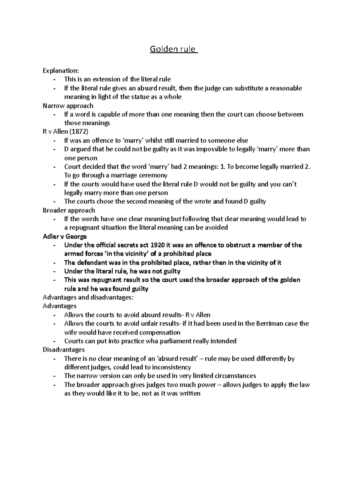Golden rule - Legal method and skills law 1001 lecture notes - Golden ...