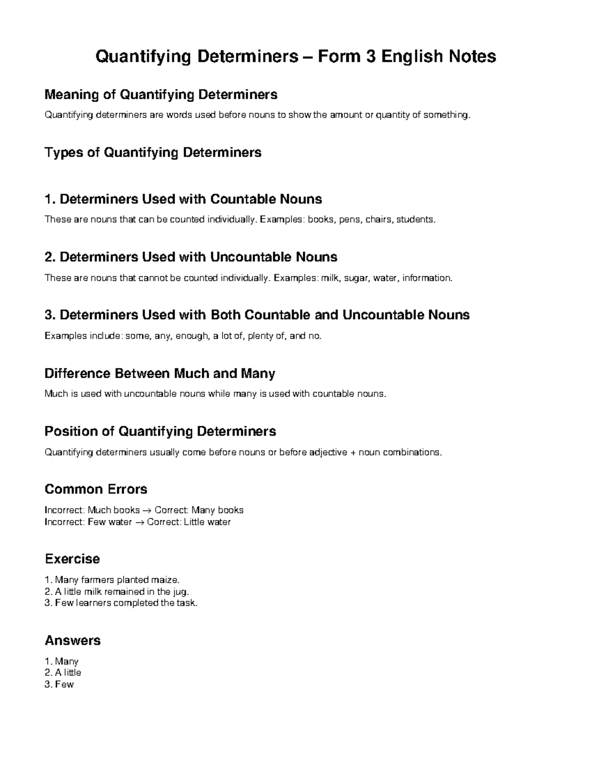 Quantifying Determiners: Form 3 English Notes - Studocu