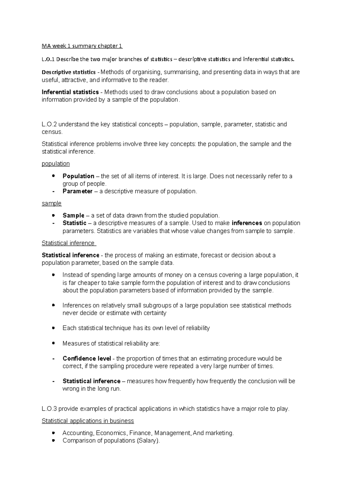 MA week 1 summary chapter 1 - MA week 1 summary chapter 1 L.O Describe ...