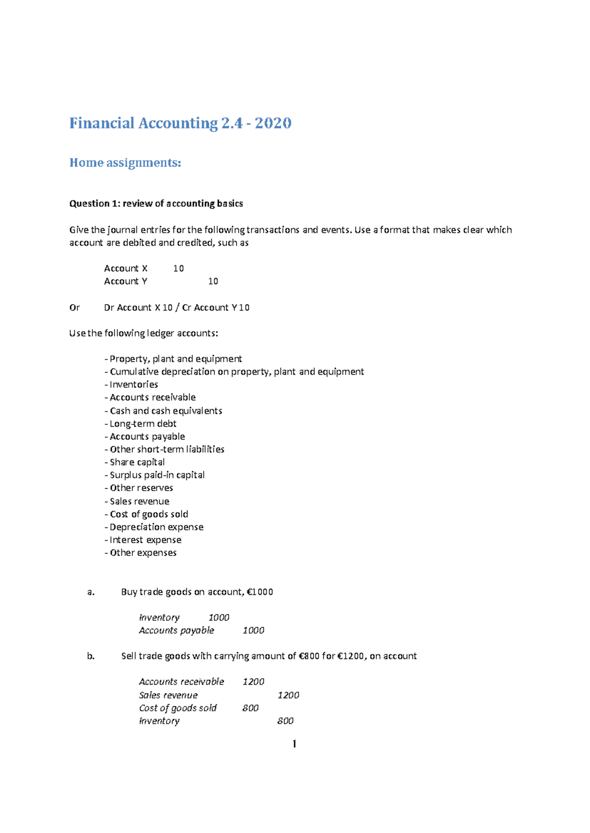 FA 2 4 2020 - Home Assignments 1: Journal Entries & Analysis - Studeersnel