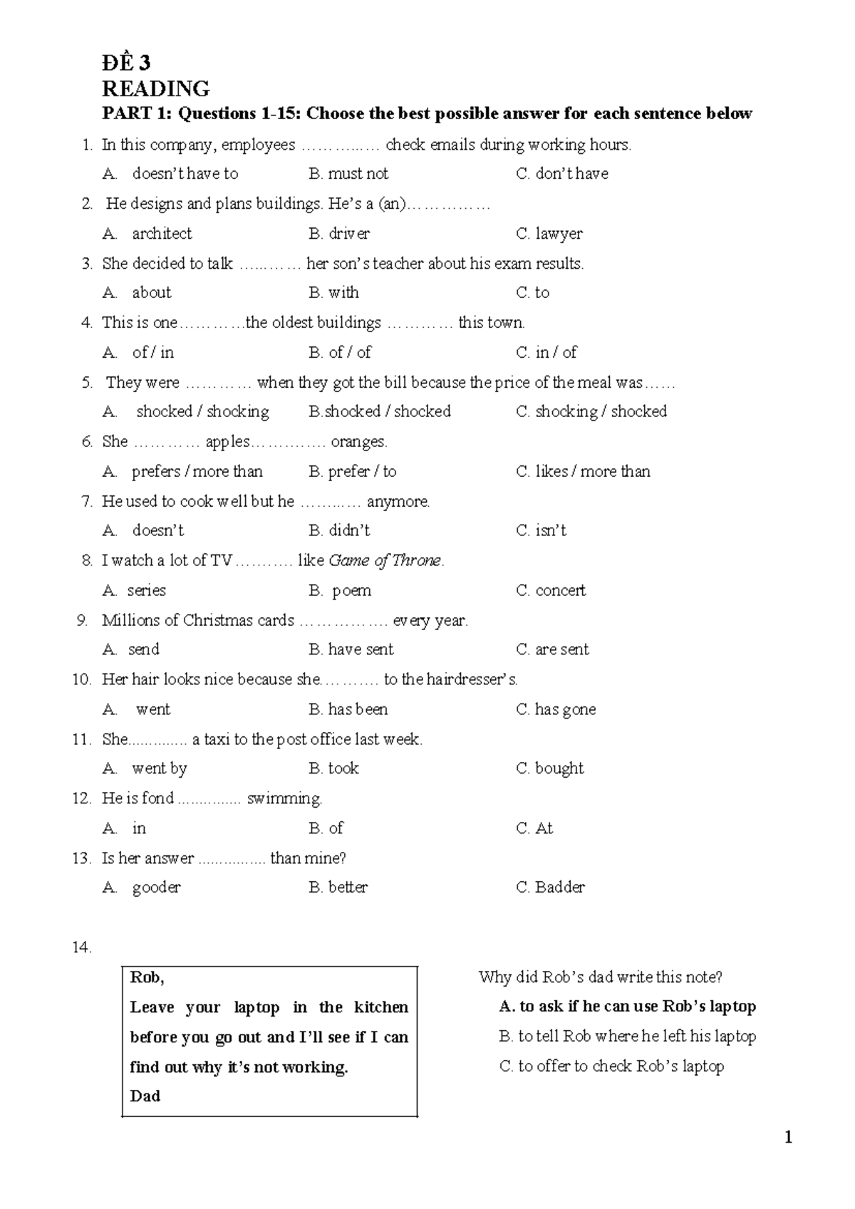 Đề 3 - Reading comprehension practice and conversation exercises - Studocu