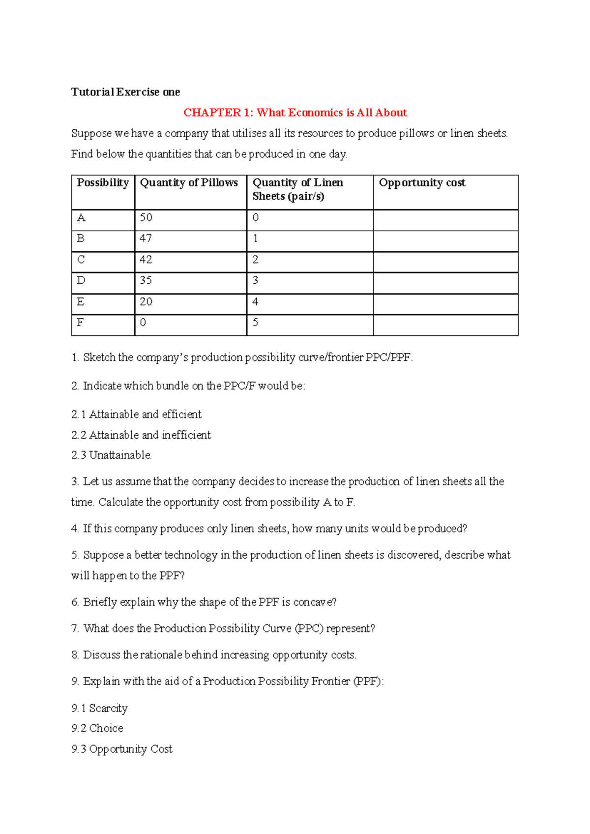 Tutorial+chapter+1-1 - Tutorial Exercise one CHAPTER 1: What Economics ...
