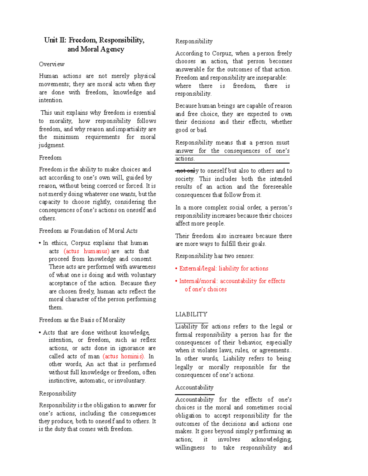 Unit II: Freedom, Responsibility, and Moral Agency Overview - Studocu