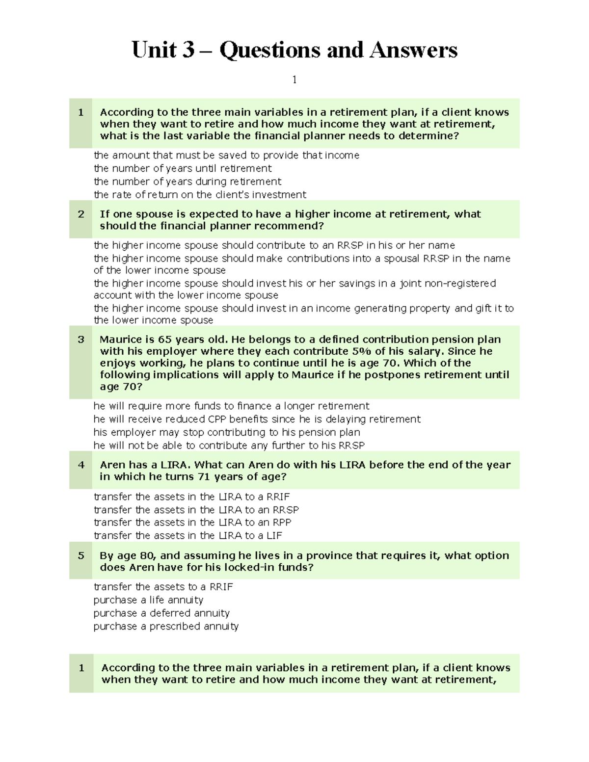 Unit 3 - Informal Assessment Questions & Answers for Retirement ...