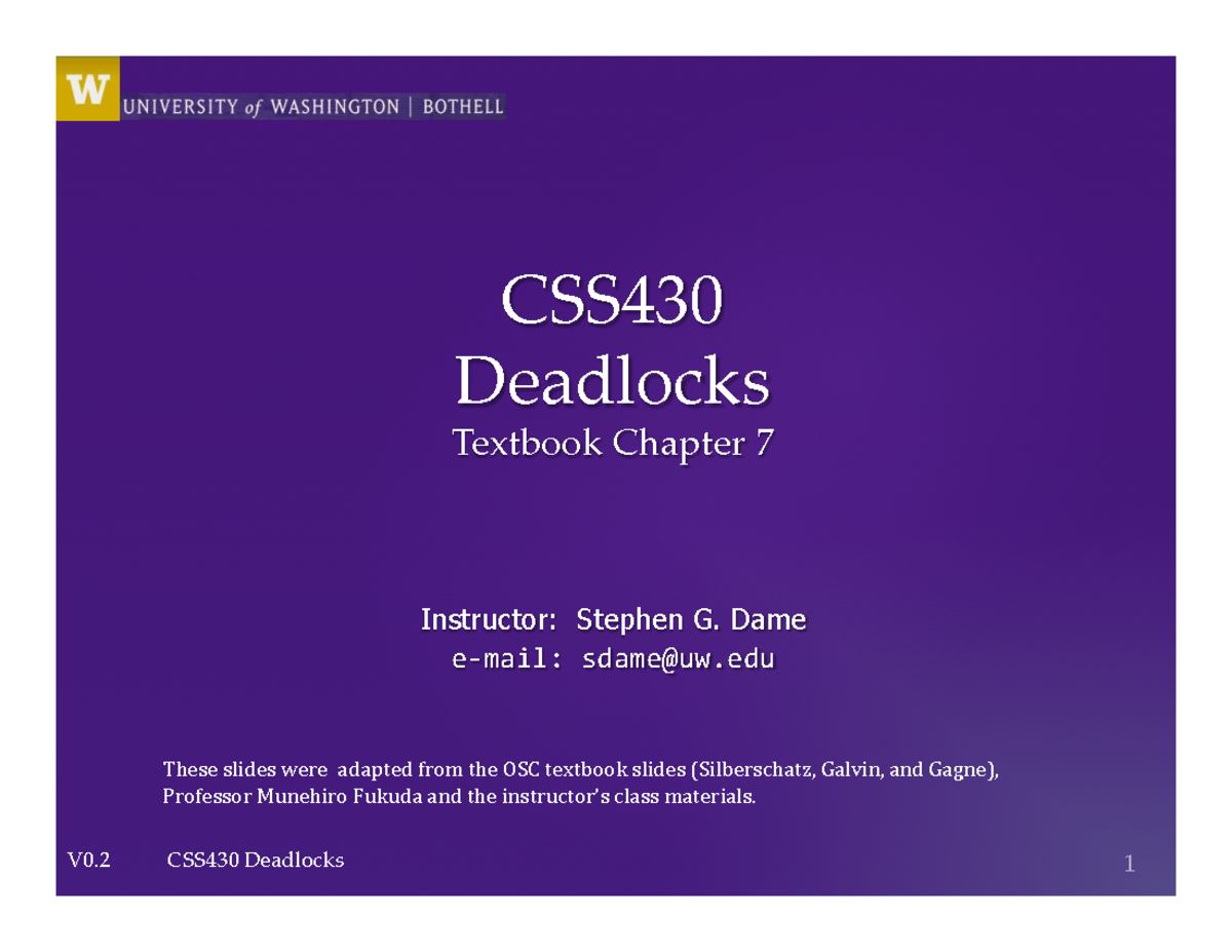 CSS430 Deadlocks Lecture Notes: Chapter 7 Overview - Studocu