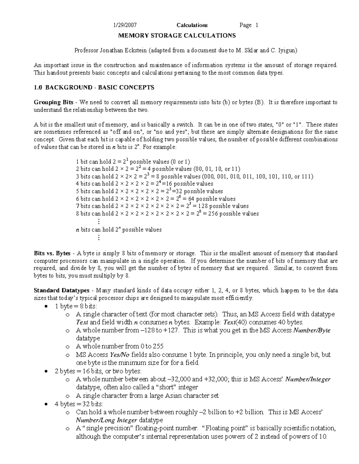 MEMORY STORAGE CALCULATIONS (CS101) - Concepts & Examples - Studocu