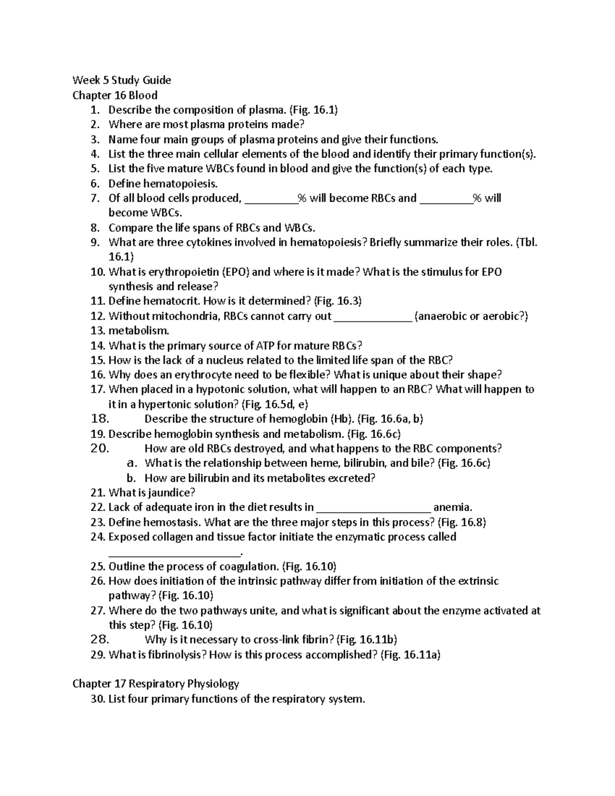 Week 5 Study Guide: Blood & Respiratory Physiology Concepts - Studocu