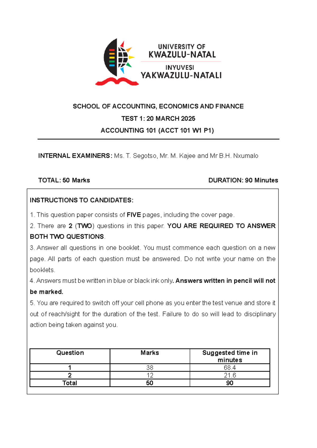Acct 101 - Test 1 - 20 March 2025: Internal Exam Questions - Studocu