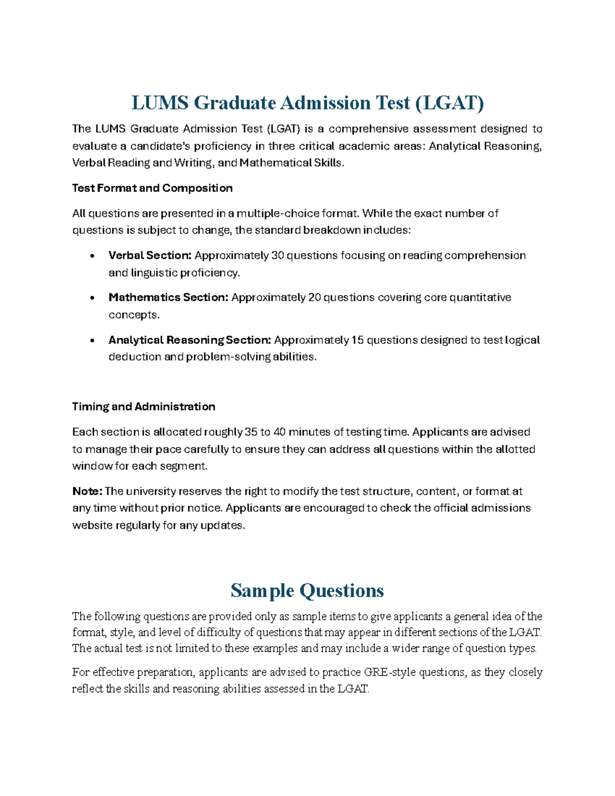 Sample LGAT Questions for Graduate Admission Test (Fall 2026) - Studocu