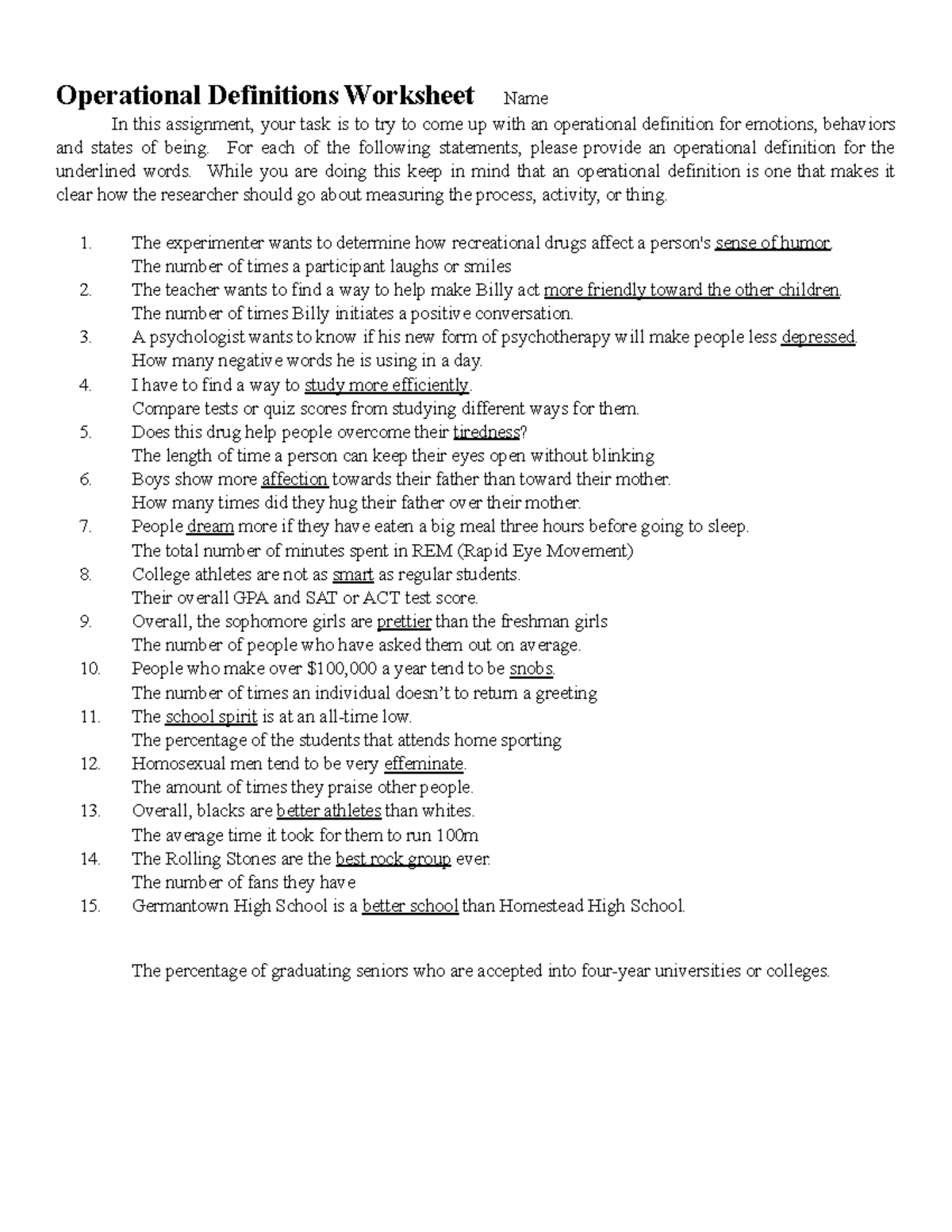 Operational Definitions Worksheet: Measuring Emotions & Behaviors - Studocu