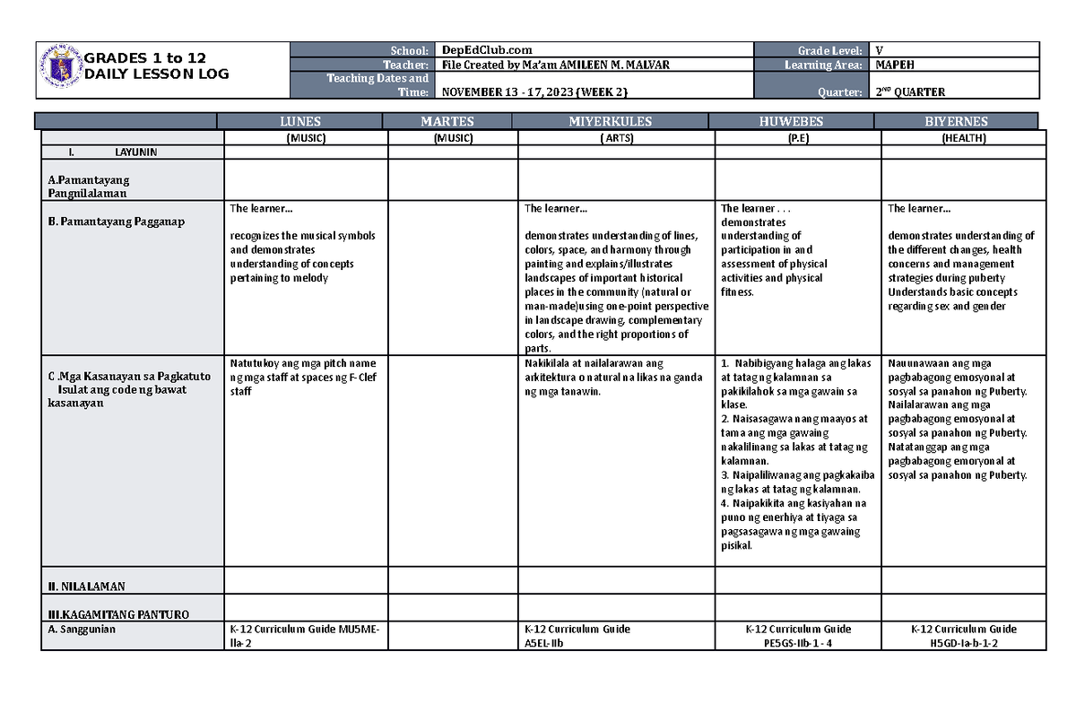 DLL MAPEH 5 Q2 W2 Daily Lesson Log for Grade 5 (November 13-17) - Studocu