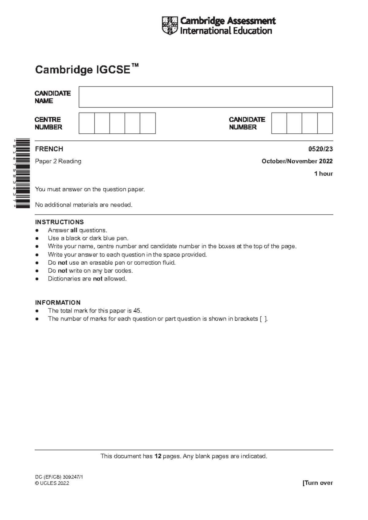 French 0520 w22 Paper 2 Reading QP 23 - October/November 2022 - Studocu