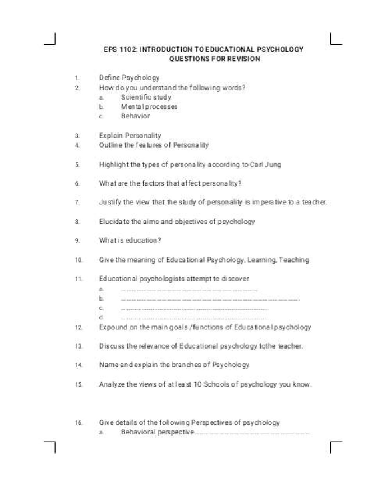 EPS 1102: Revision Questions for Introduction to Educational Psychology ...