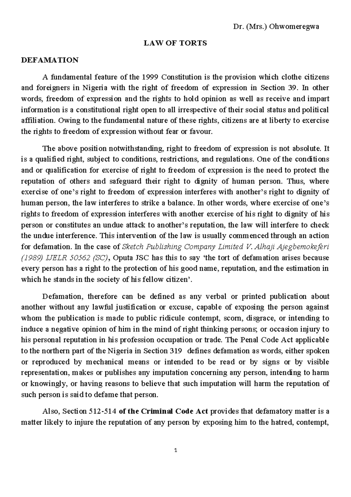 LAW OF TORTS (DEFAMATION) - Key Concepts and Case Law Analysis - Studocu