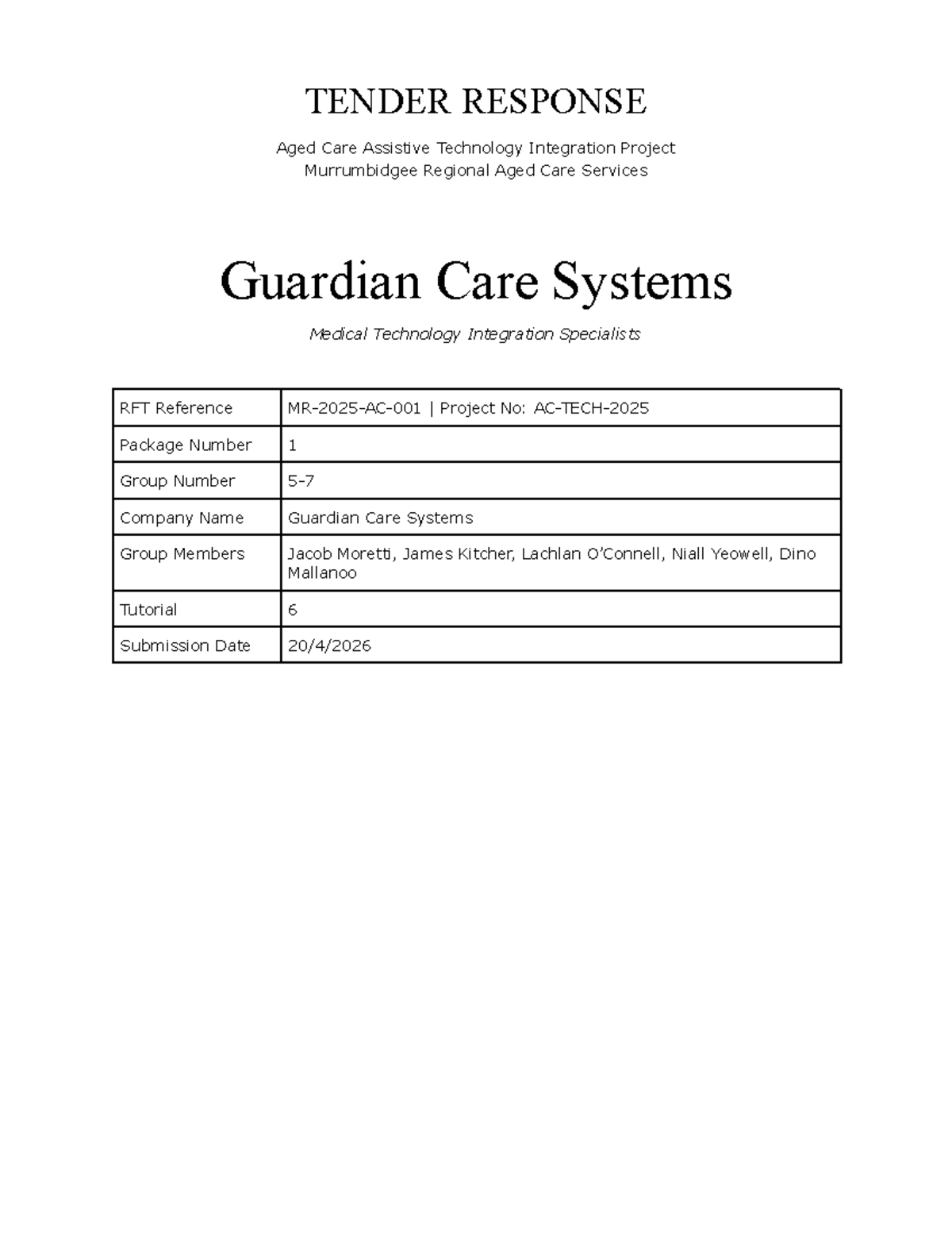 RFT Response: Integrated Health Monitoring for Aged Care - Package 1 ...