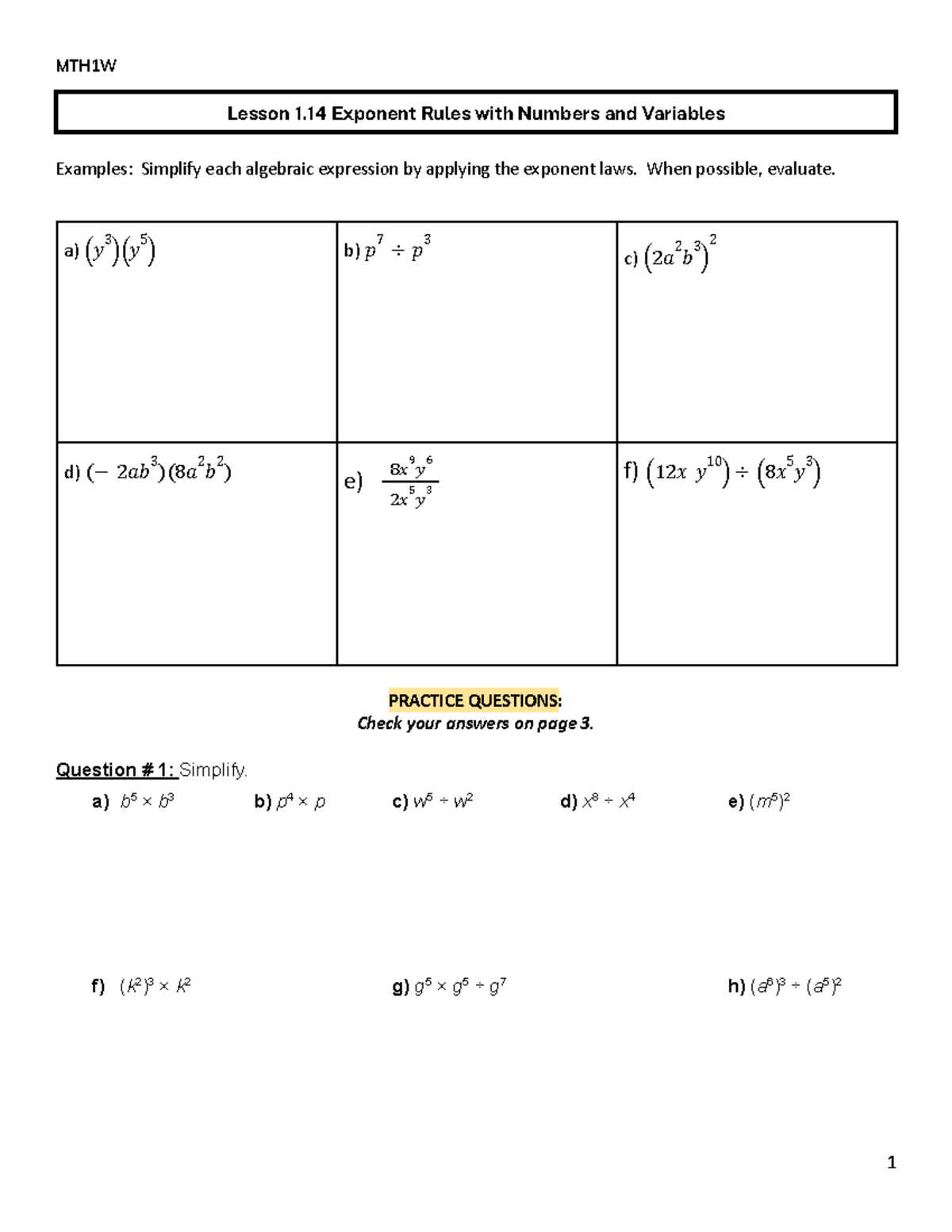 MTH1W Lesson 1.14: Exponent Rules with Numbers & Variables - Studocu