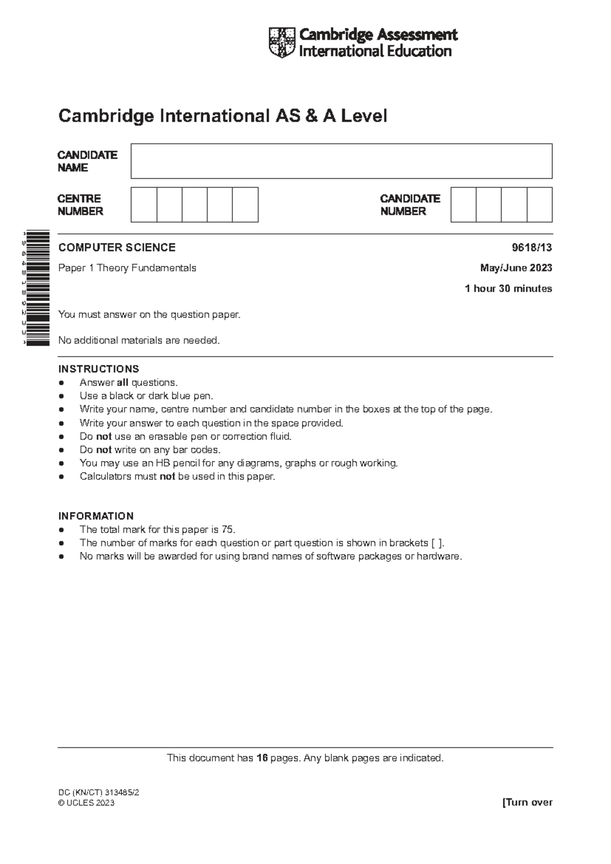 Cambridge International AS A Level 9618/13 Computer Science Paper 1 ...